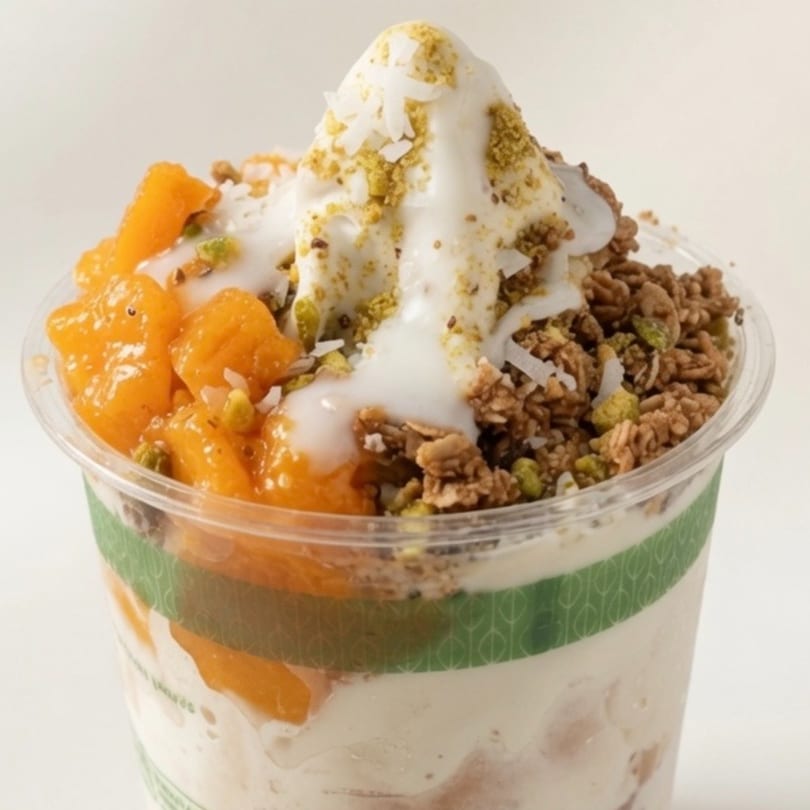 Yogurt parfait with mango, granola, pistachios, and coconut in a clear cup.