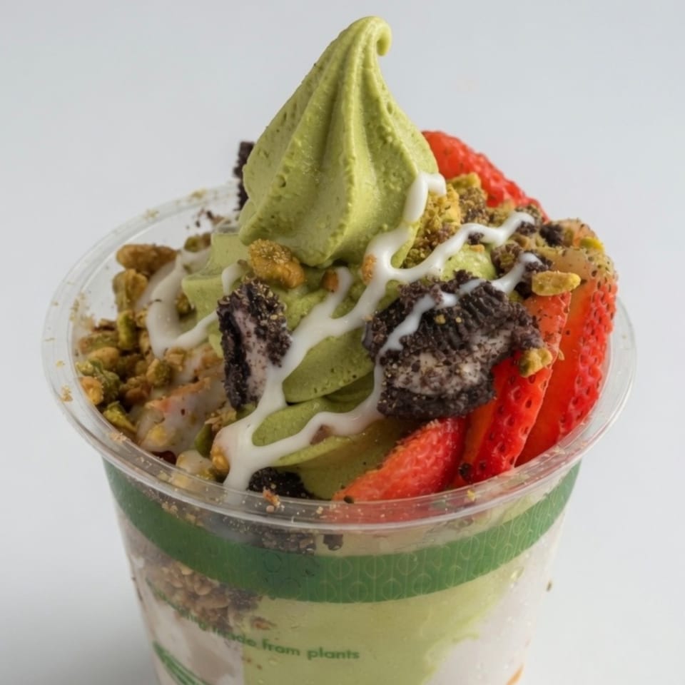 Matcha soft-serve parfait with strawberries, cookie crumbles, pistachios, and white drizzle in a clear cup.