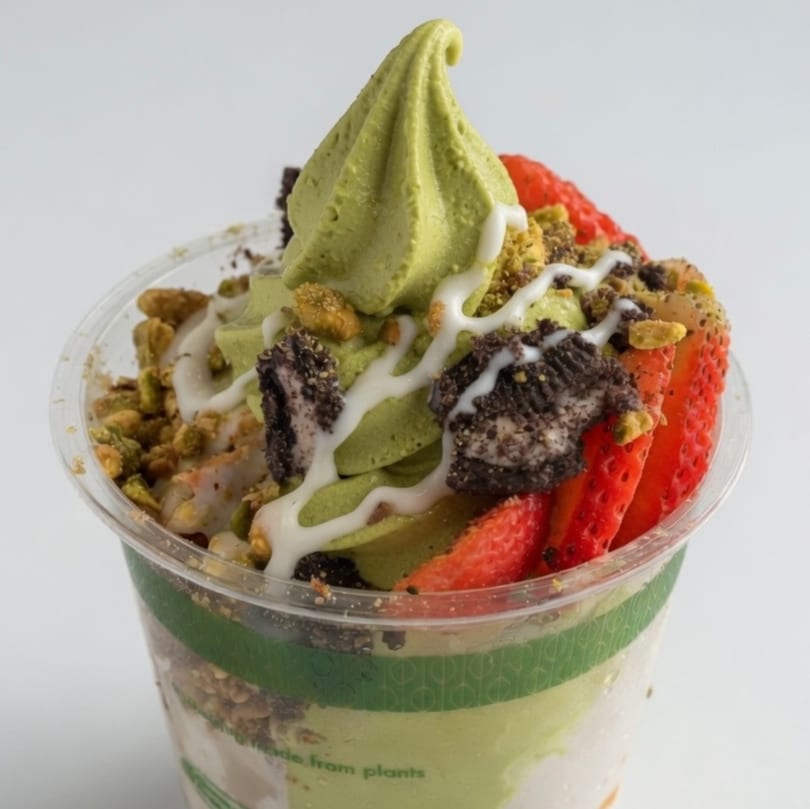 Matcha soft-serve parfait with strawberries, cookie crumbles, pistachios, and white drizzle in a clear cup.