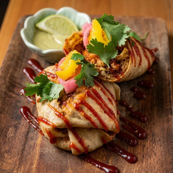 Two burritos with red sauce, cilantro, pickled onions, and mango on a wooden board with a lime sauce.