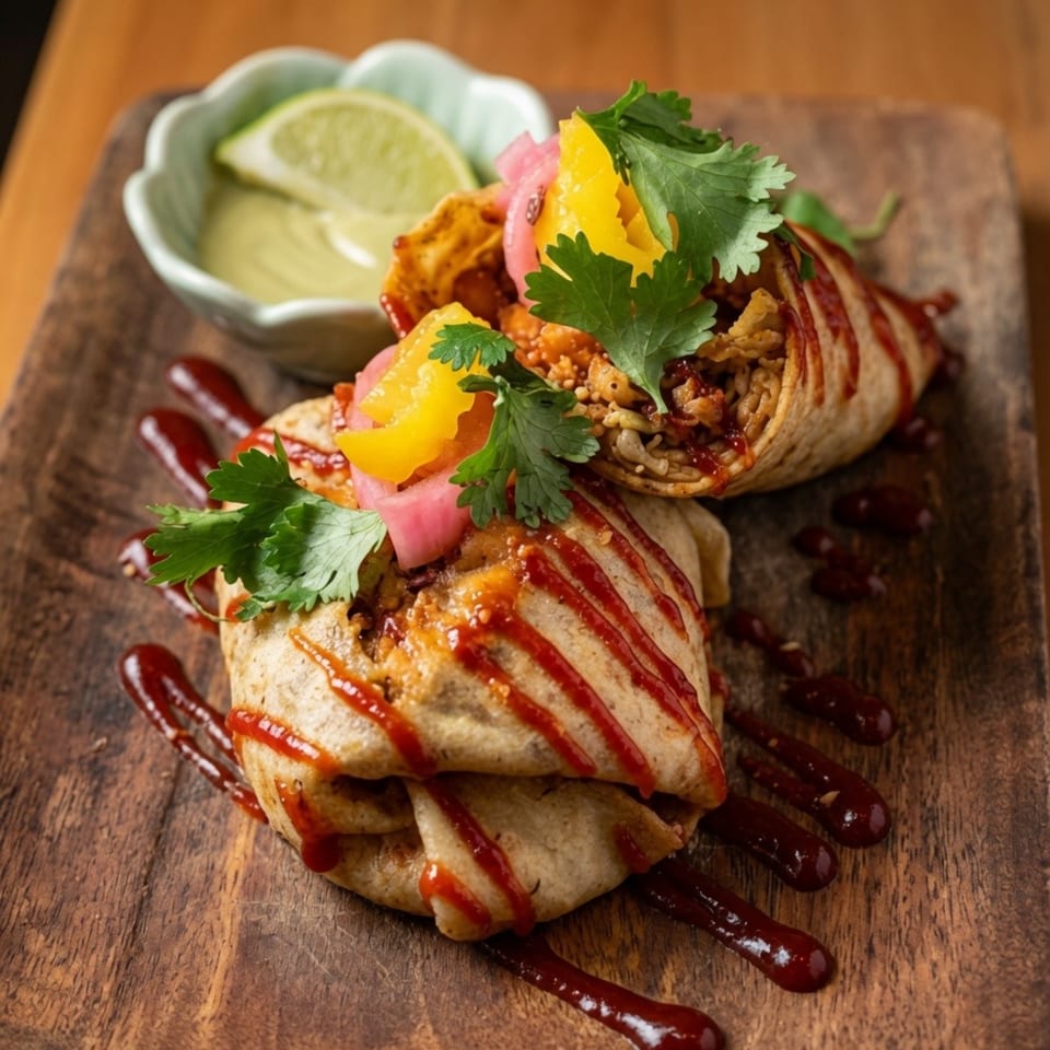 Two burritos with red sauce, cilantro, pickled onions, and mango on a wooden board with a lime sauce.