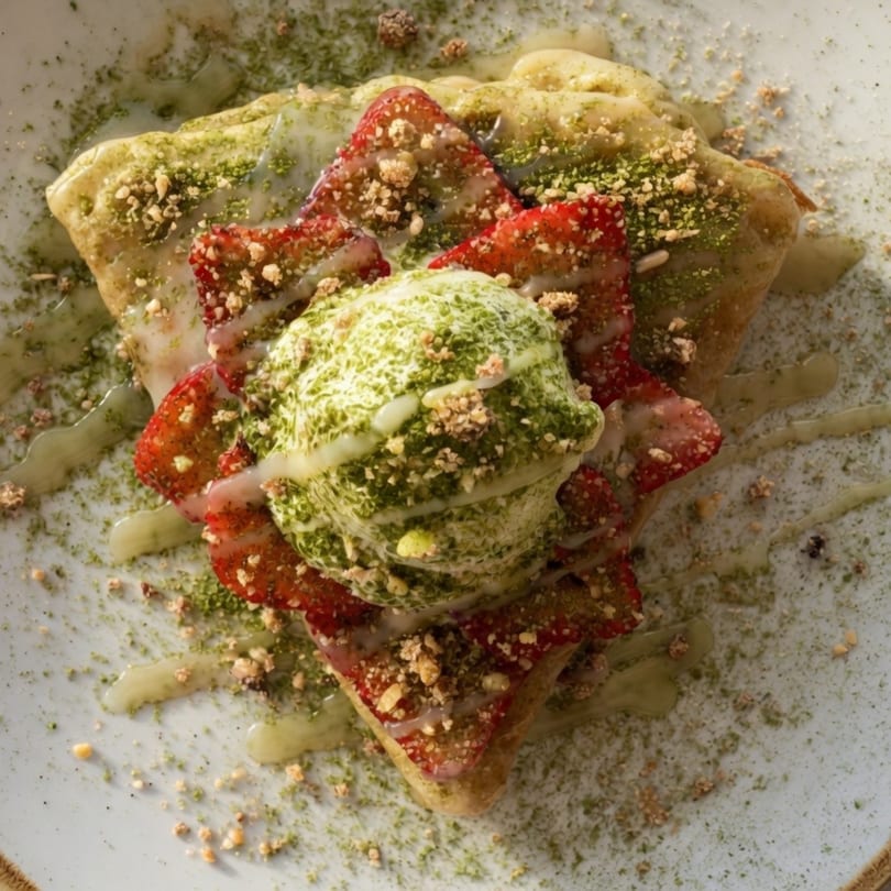 A matcha crepe with strawberries, matcha ice cream, and a drizzle of white sauce.
