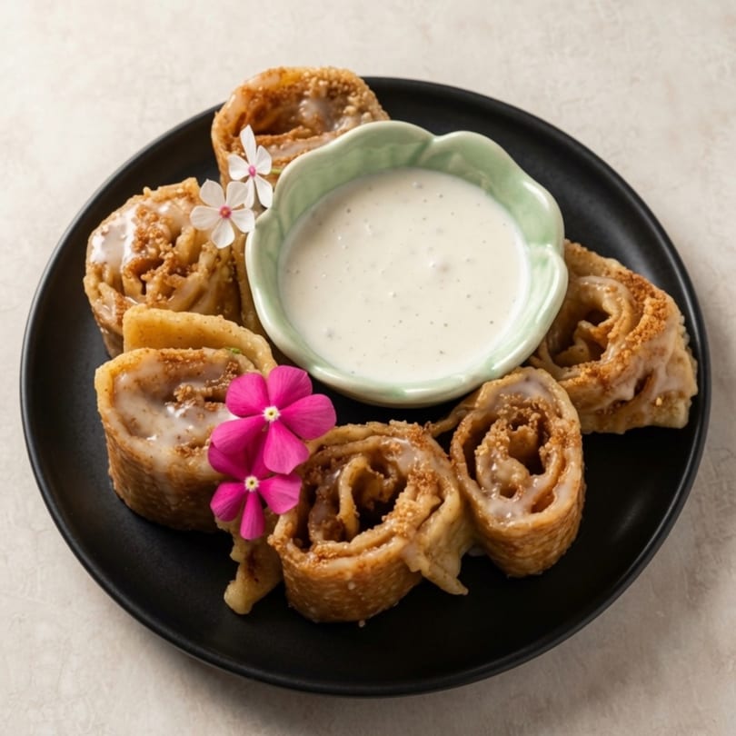 Rolled crepes with white icing and crumb topping, served with creamy dipping sauce and flowers.