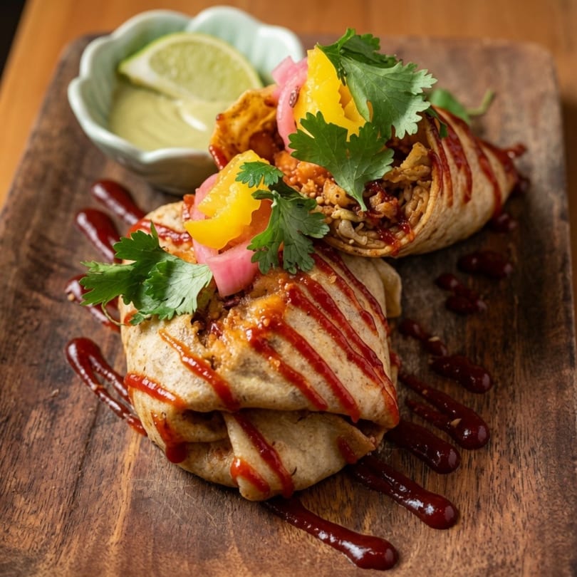 Two burritos drizzled with sauce, topped with cilantro, pickled onions, and mango, with a side of green sauce and lime.